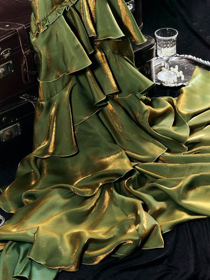 Vintage Grün Stufen Volant Langes Ballkleid Party Abendkleid Y7548