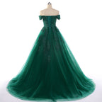 Vestido sexy de encaje verde oscuro con apliques, manga corta, para fiesta de graduación de 15 años, cola capilla personalizada, para dulces 16 años, Y610