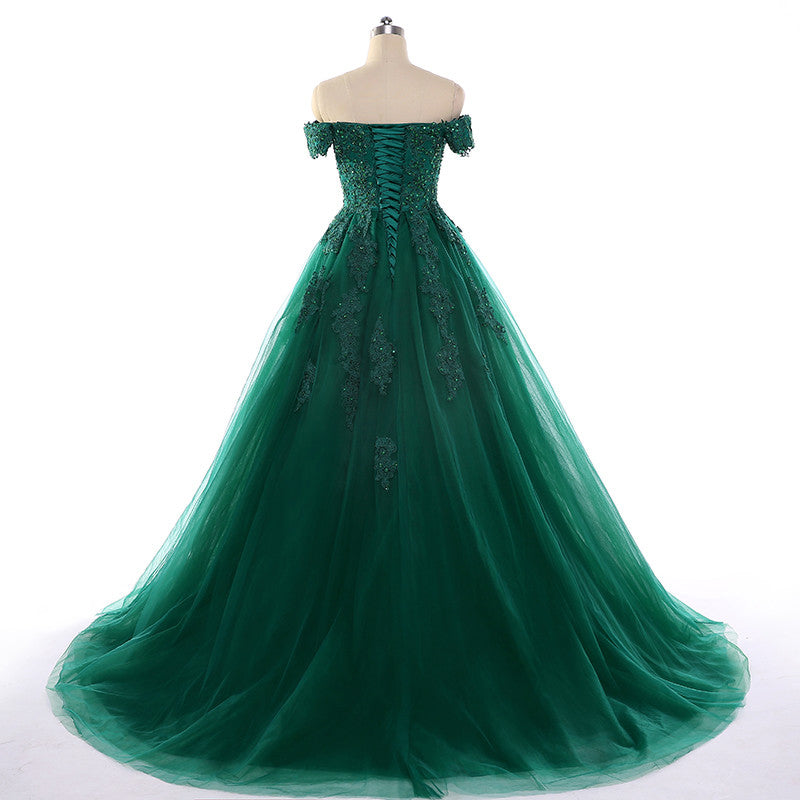 Vestido sexy de encaje verde oscuro con apliques, manga corta, para fiesta de graduación de 15 años, cola capilla personalizada, para dulces 16 años, Y610
