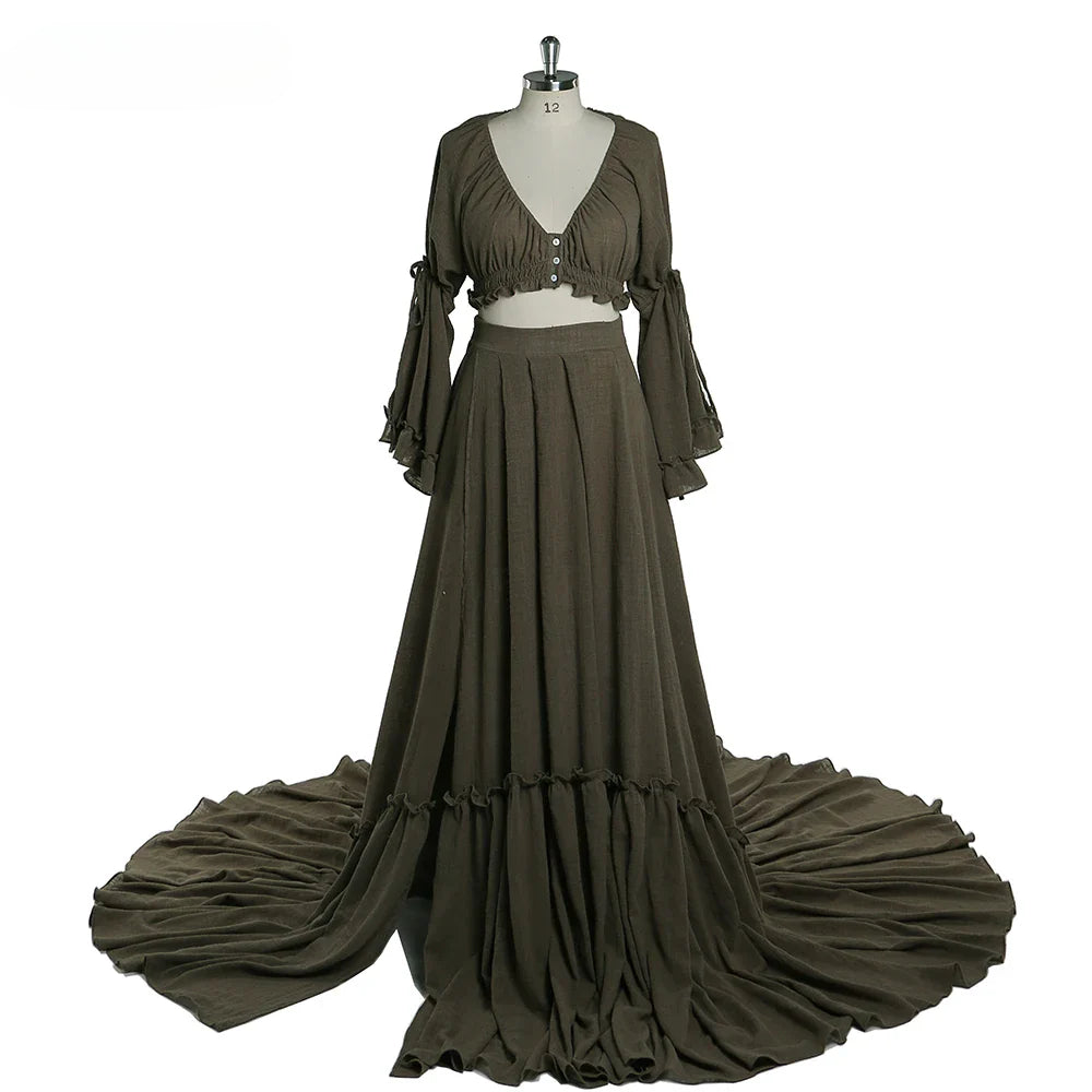 Two Pieces Cotton Linen Pregnancy Gown Maternity Dresses for Photo Shoot Photography Dress Outfit for Baby Shower SY211008
