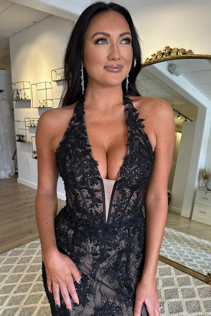 Melissa | Black Halter Lace Appliques Mermaid Long Prom Dresses with Slit