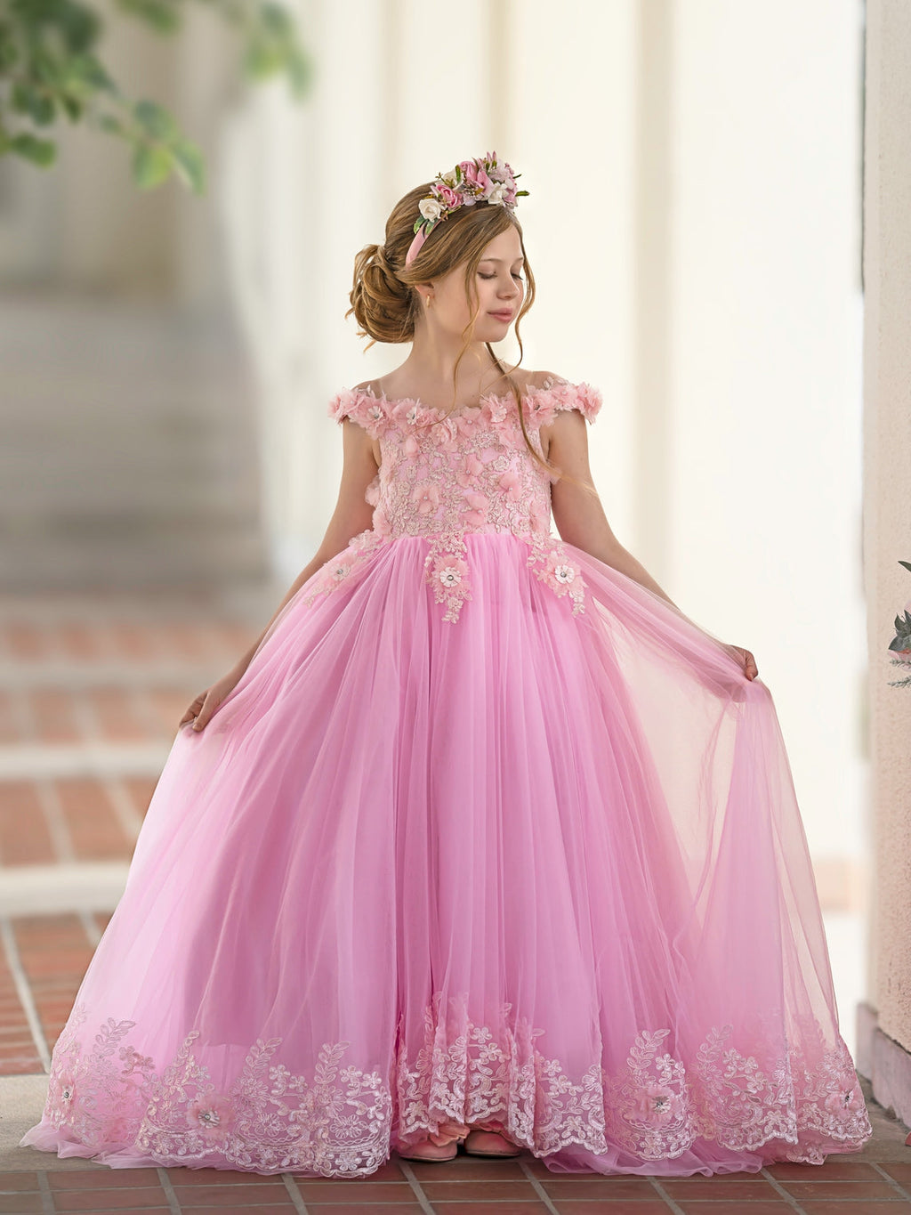 Vestido de fiesta/princesa de encaje con cola larga, color rosa, para cumpleaños