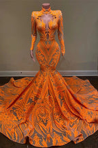 Hochgeschlossenes Meerjungfrau-Ballkleid in Orange mit langen Ärmeln und Paillettenspitze