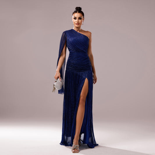 One-Shoulder Long Sleeve Slit Gown – Elegant Evening Dress