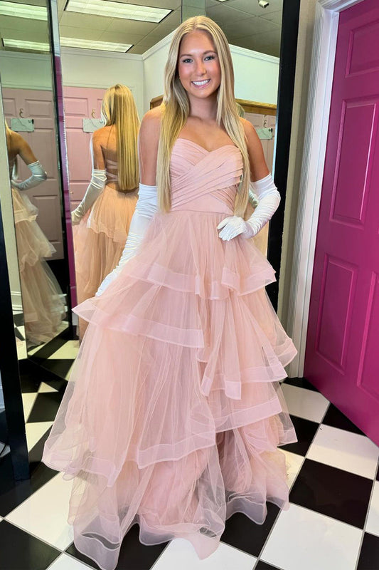 Stacia | A-Linie, trägerlos, rosa, gerüscht, gestuft, Tüll, lang, Ballkleid