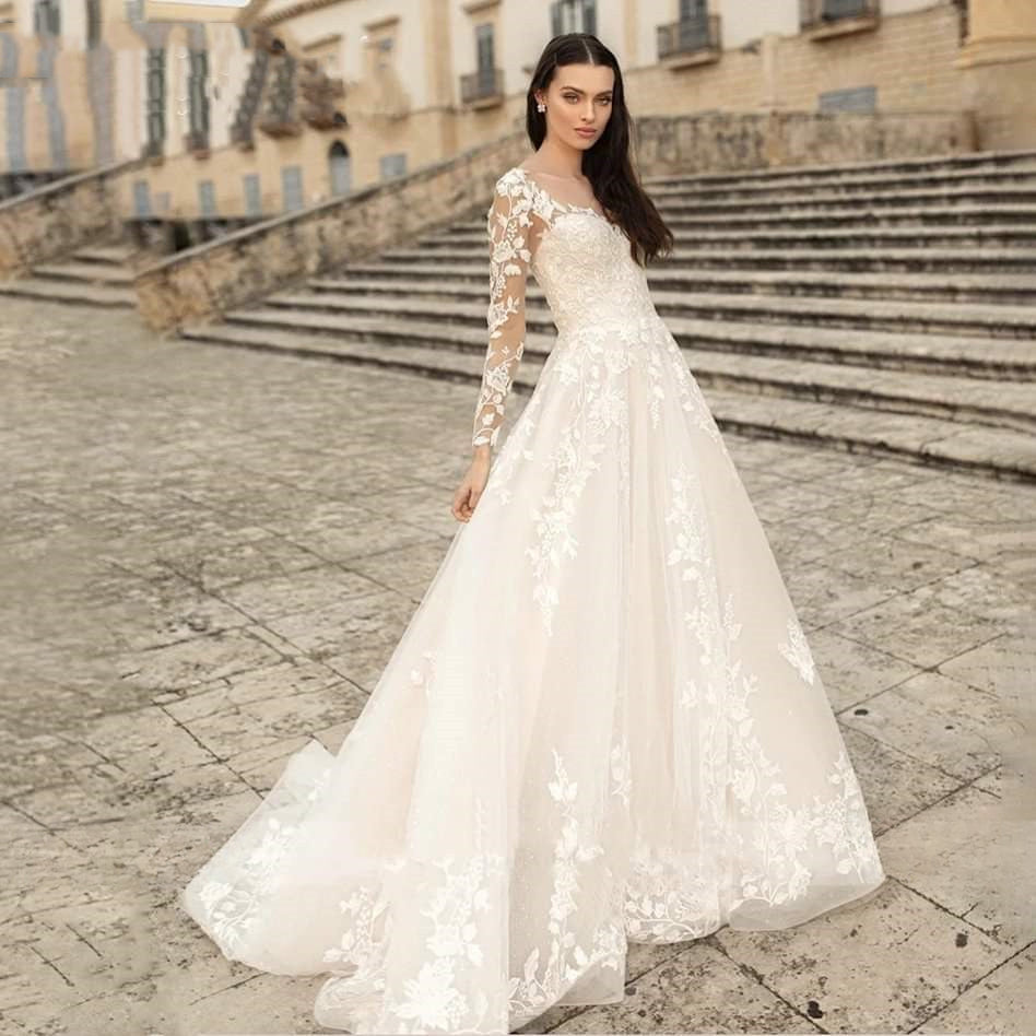 Elegant Round Neck Wedding Dresses 2023 Lace Long Sleeve Decal A-line Fashion Women's Bridal Dress Robe Back Strap Design De-payinti