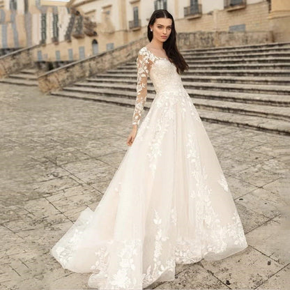 Elegant Round Neck Wedding Dresses 2023 Lace Long Sleeve Decal A-line Fashion Women's Bridal Dress Robe Back Strap Design De-payinti