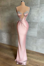 Langes Meerjungfrau-Abendkleid aus Satin mit Herzausschnitt und Spaghettiträgern und Perlenbesatz