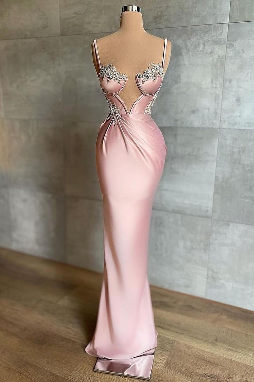 Langes Meerjungfrau-Abendkleid aus Satin mit Herzausschnitt und Spaghettiträgern und Perlenbesatz