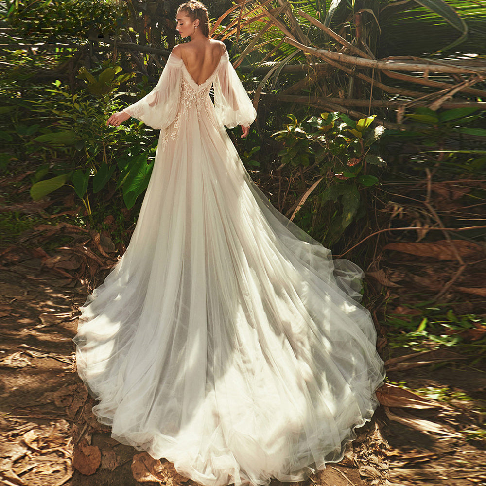 Elegant Sweetheart Neck Puff Long Sleeves Wedding Dress For Women 2023 Backless Tulle Bridal Gown Classic Robe De Mariée-payinti