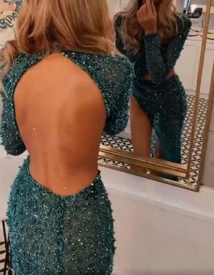 Sexy Meerjungfrau-Abschlussballkleid mit langen Ärmeln und hohem Halsausschnitt, Pailletten und Schlitz