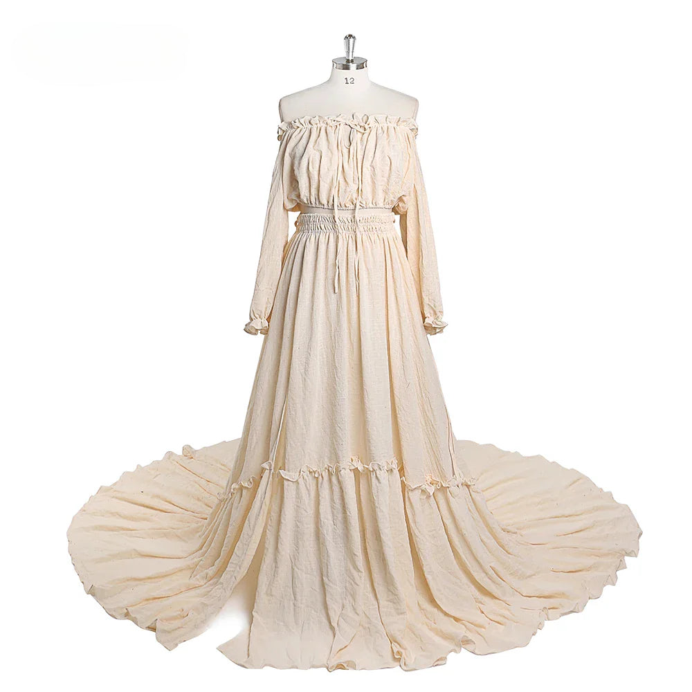 Zweiteiliges Umstandskleid mit langen Ärmeln und seitlichem Schlitz, Maxikleid aus Baumwolle, YEWEN SY211229 