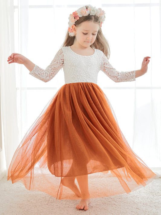 Engelhaftes weißes A-Linien-Spitzenkleid aus Tüll mit langen Ärmeln für Blumenmädchen 