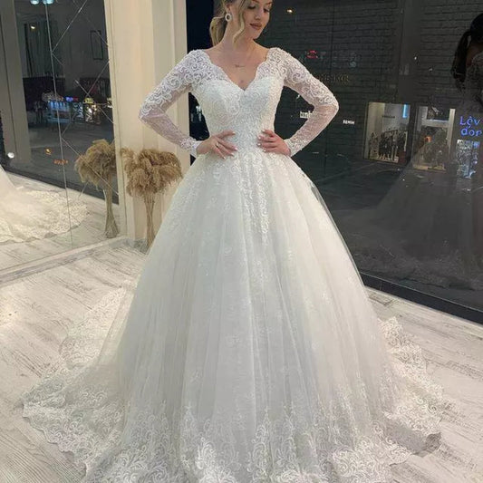 Romantic V-Neck Wedding Dress 2022 Lace Appliques Tulle Vestidos De Noiva Full sleeve Backless Bridal Gown Custom Robe De Mariee-payinti