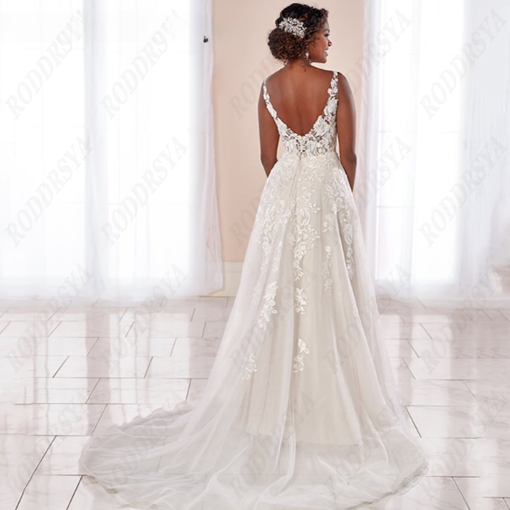 Boho Wedding Dresses Spaghetti Straps A-Line Applique Bride Gowns Sexy Backless Sleeveless Tulle robe de mariée-payinti