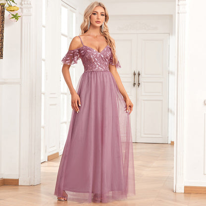 Women Elegant Off The Shoulder Strap Sleeve Double V Neck Tulle Stitching Embroidered Sequ A Swing Long Party Evening Dress