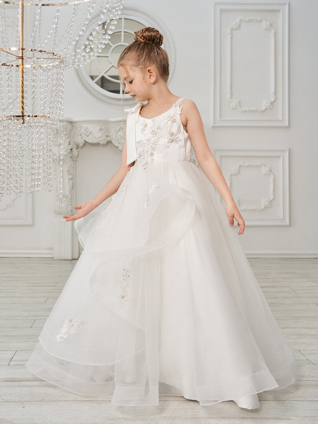 Ballkleid/Princess-Linie Tüll Bodenlang Erstkommunion Blumenmädchenkleid 