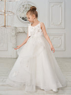 Ballkleid/Princess-Linie Tüll Bodenlang Erstkommunion Blumenmädchenkleid 