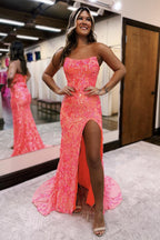 Vestidos de fiesta de sirena con encaje, lentejuelas y abertura, color fucsia, sin tirantes