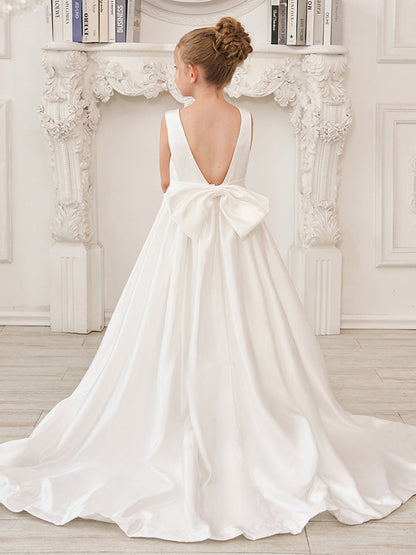 A-Line Princess Sleeveless Satin Flower Girl Dress with Sweep Train and Bow