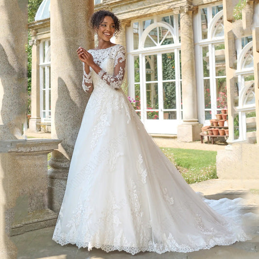 Civil Wedding Dresses For 2024 Bride Long Sleeves Backless Scoop Bride Gowns A-Line Lace Applique vestido de noiva-payinti