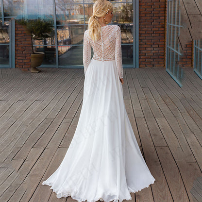 Wedding Dresses Long Sleeves Bohemian Illusion Lace Appliqued Chiffon Bridal Gowns Beach V-Neck A Line Robes De Mariée-payinti