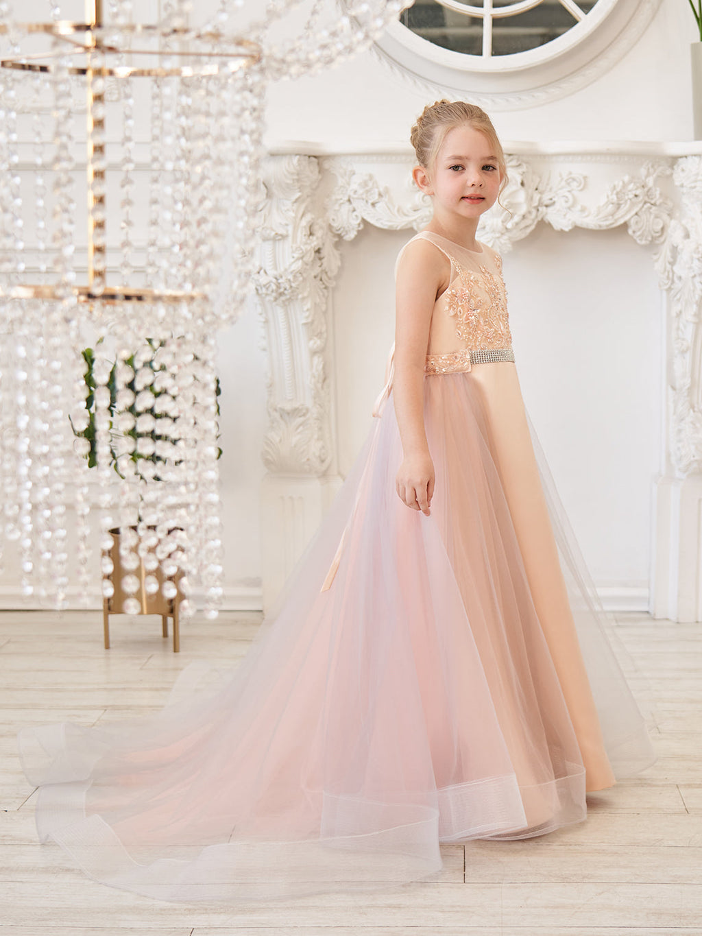 A-Linie Satin Tüll Sweep/Pinsel zug Champagner Kleid (010226776) 