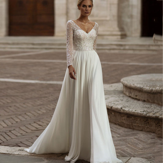 Modern Long Sleeve Wedding Dresses Simple Chiffon Lace Sequined Bridal Gowns Charming Backless A-Line vestidos de noiva-payinti