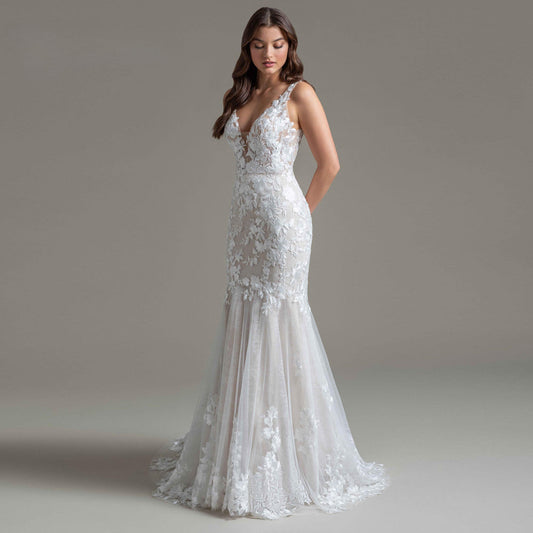 Charming Trumpet Wedding Dresses Sleeveless Scoop Pleat Appliques Bridal Gown Vestido De Casamento Customised For Women-payinti