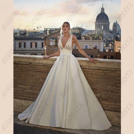 Soft Satin V-Neck Wedding Dresses For Women A-Line Backless Bridal Gowns Sleeveless Insertable Pocket Robe De Mariée-payinti