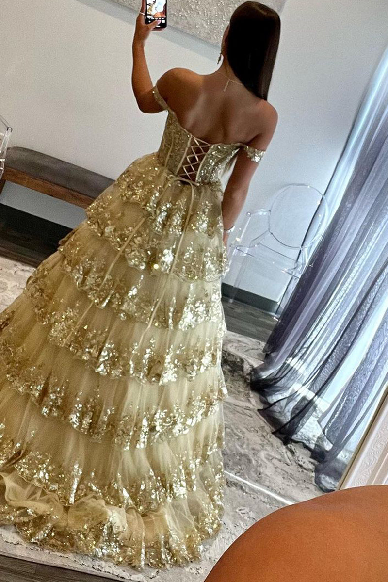 Leona | Vestido de fiesta de princesa con hombros descubiertos y encaje con lentejuelas