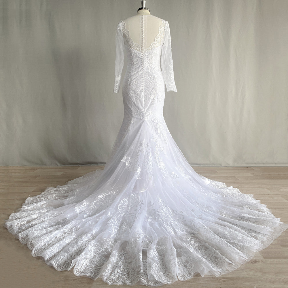 Gorgeous Lace Long Sleeve Mermaid Wedding Dresses Tulle Bridal Gown For Women Cathedral Train V-Neck Appliques Button Back-payinti