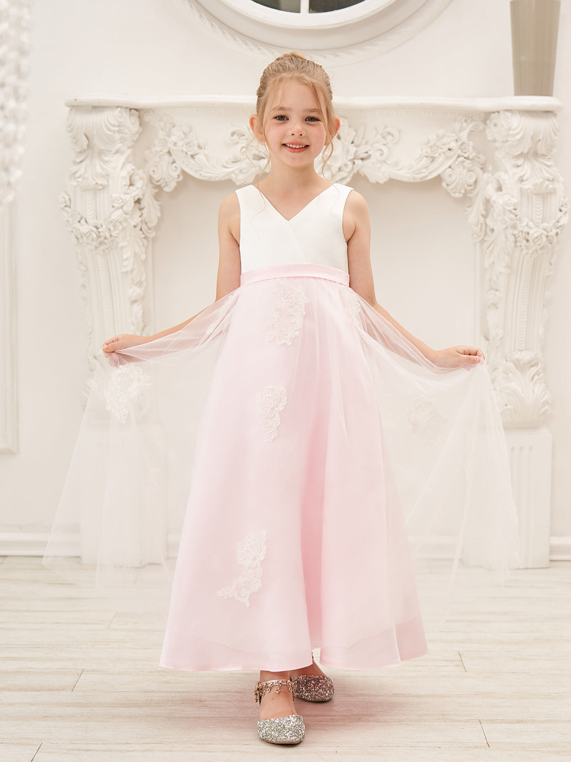 A-Linie Satin Tüll Knöchellanges Rosa Kleid (2003227111)