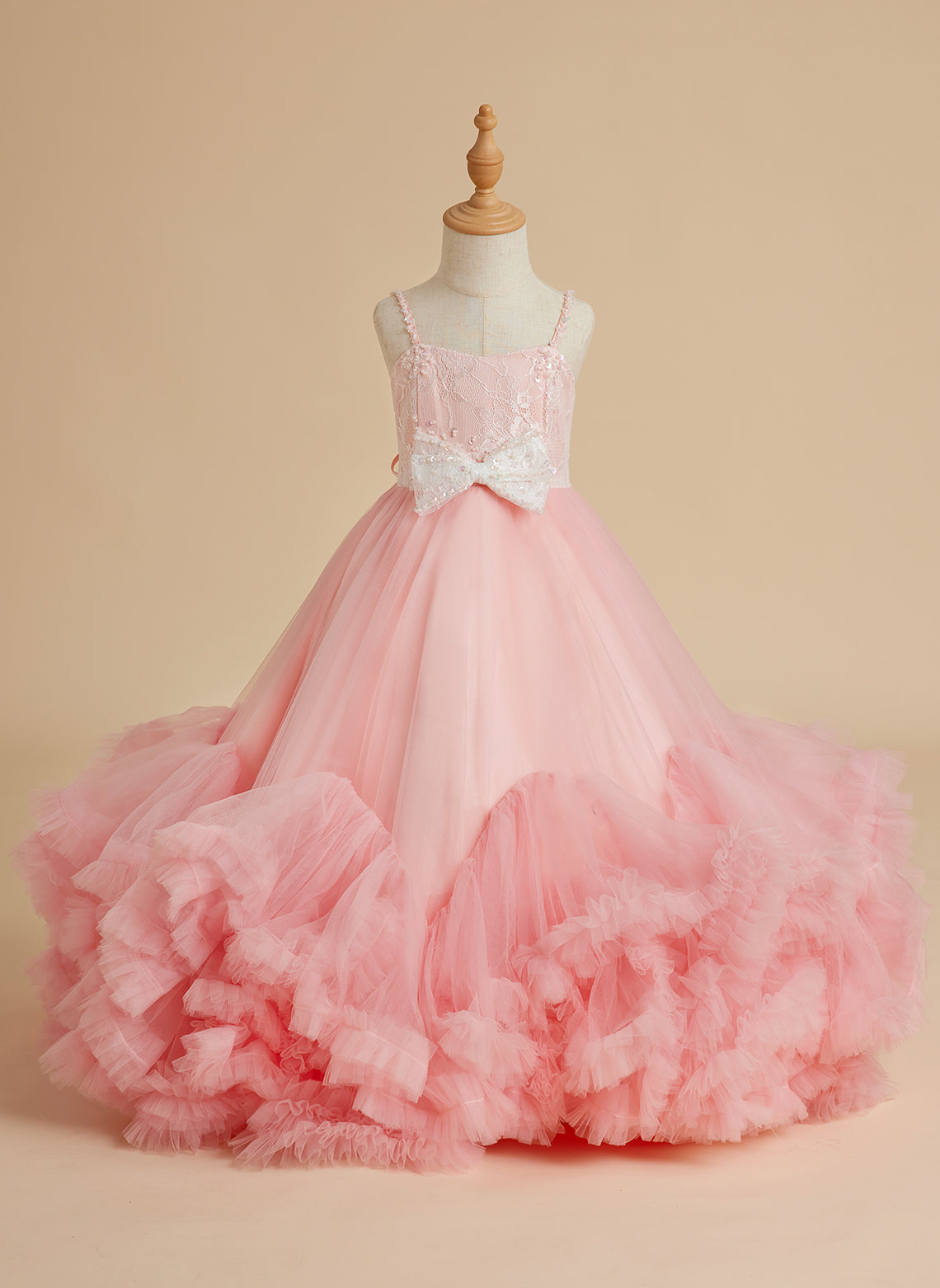 Vestido de niña de las flores rosa largo hasta el suelo de tul con corte en A