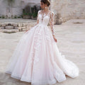 Luxury Pink Long Sleeves Wedding Dress Ball Gown Lace Appliques O-Neck Button Royal Train Bride Gowns Vestido De Novia Princess-payinti
