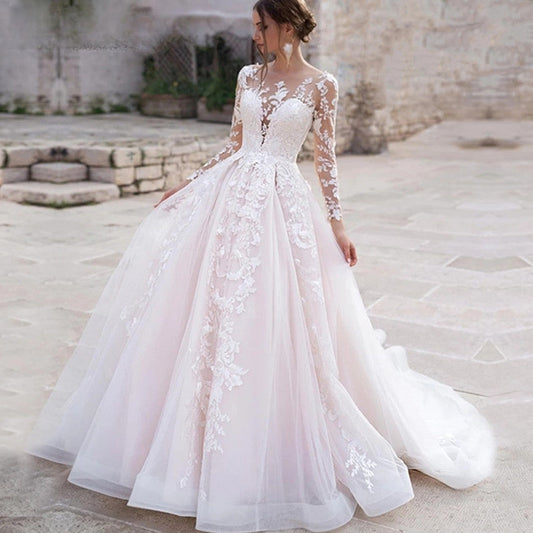 Luxury Pink Long Sleeves Wedding Dress Ball Gown Lace Appliques O-Neck Button Royal Train Bride Gowns Vestido De Novia Princess-payinti