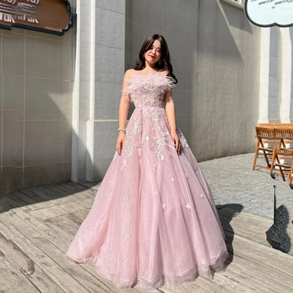 Pale Pink Ball Gown Prom Dress Lace Embroidery فساتين سهرة سعودية Off Shoulder Ostrich Hair vestido de festa noite-payinti