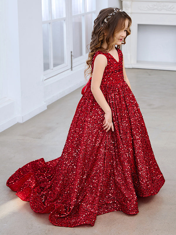 Deslumbrante vestido de princesa con lentejuelas rojas, escote en V y cola de corte para niñas