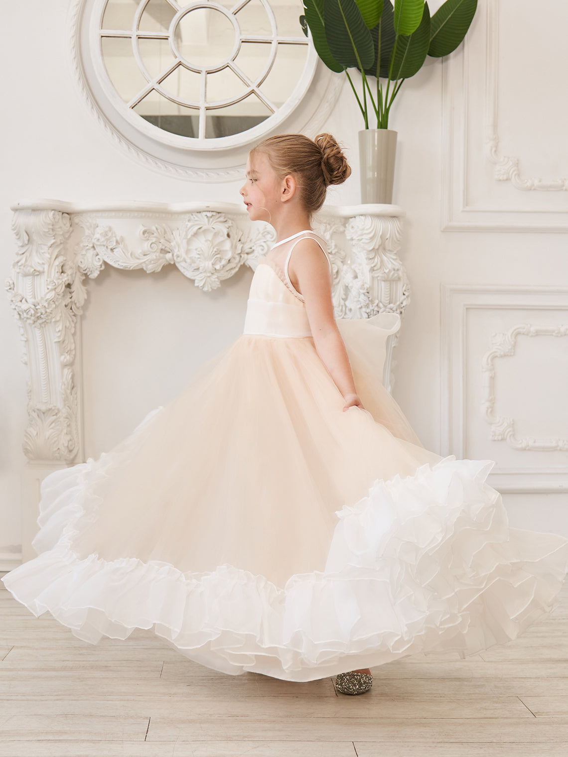 Vestido rosa de tul y organza con corte en A hasta el suelo (010226975)