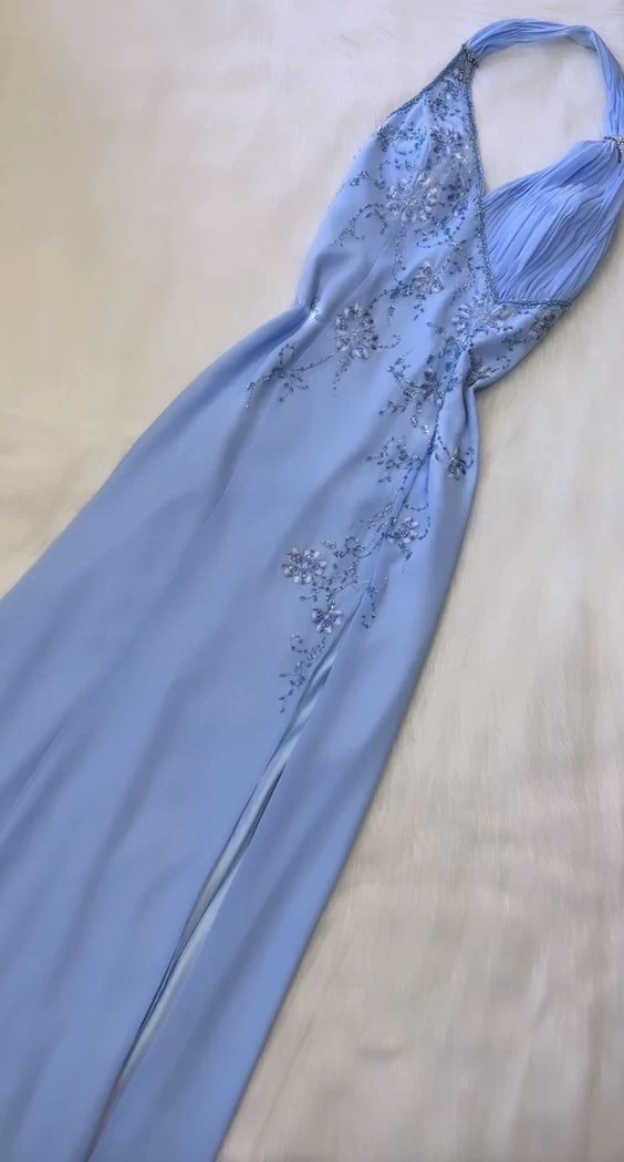 Blaues Neckholder-A-Linien-Ballkleid mit Perlenbesatz, langes Abendkleid, formelles Partykleid, Y7562