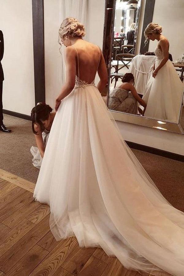 Vestido de novia playero de encaje y tul sin espalda, estilo novia WD432