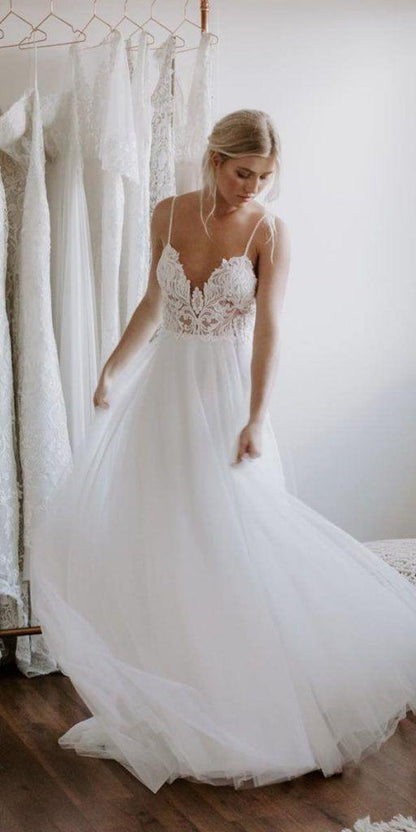 Vestido de novia playero de encaje y tul sin espalda, estilo novia WD432