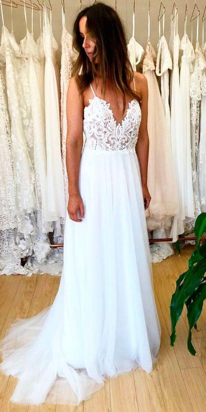 Vestido de novia playero de encaje y tul sin espalda, estilo novia WD432