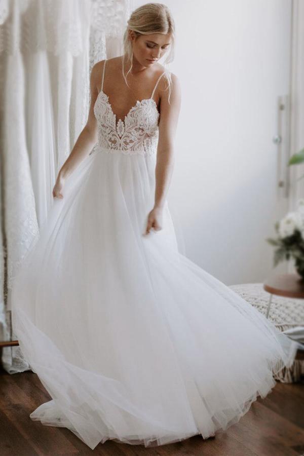 Vestido de novia playero de encaje y tul sin espalda, estilo novia WD432