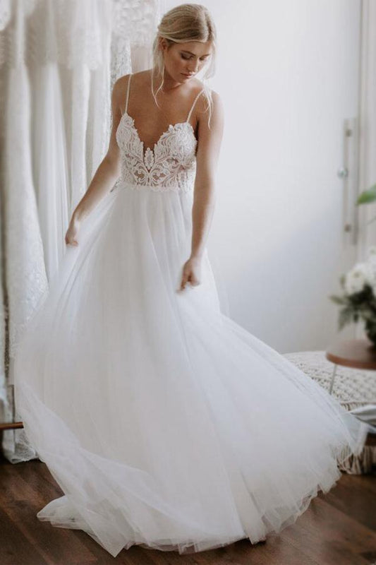 Vestido de novia playero de encaje y tul sin espalda, estilo novia WD432