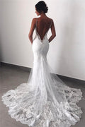 Rückenfreies Brautkleid Spitze Meerjungfrau Wunderschönes Spaghettiträger Brautkleid