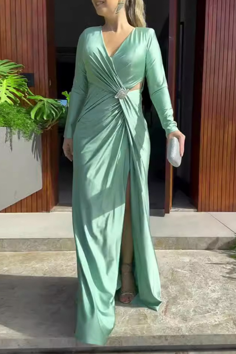 Prom Elegant Hollow Out Slit Ruched V Neck Evening Dresses(4 Colors)