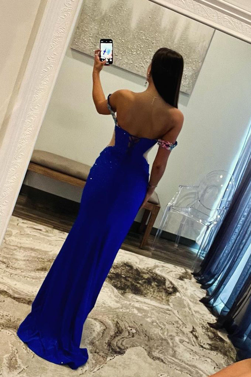Vestidos de fiesta largos con apliques y cuentas en azul real con hombros descubiertos
