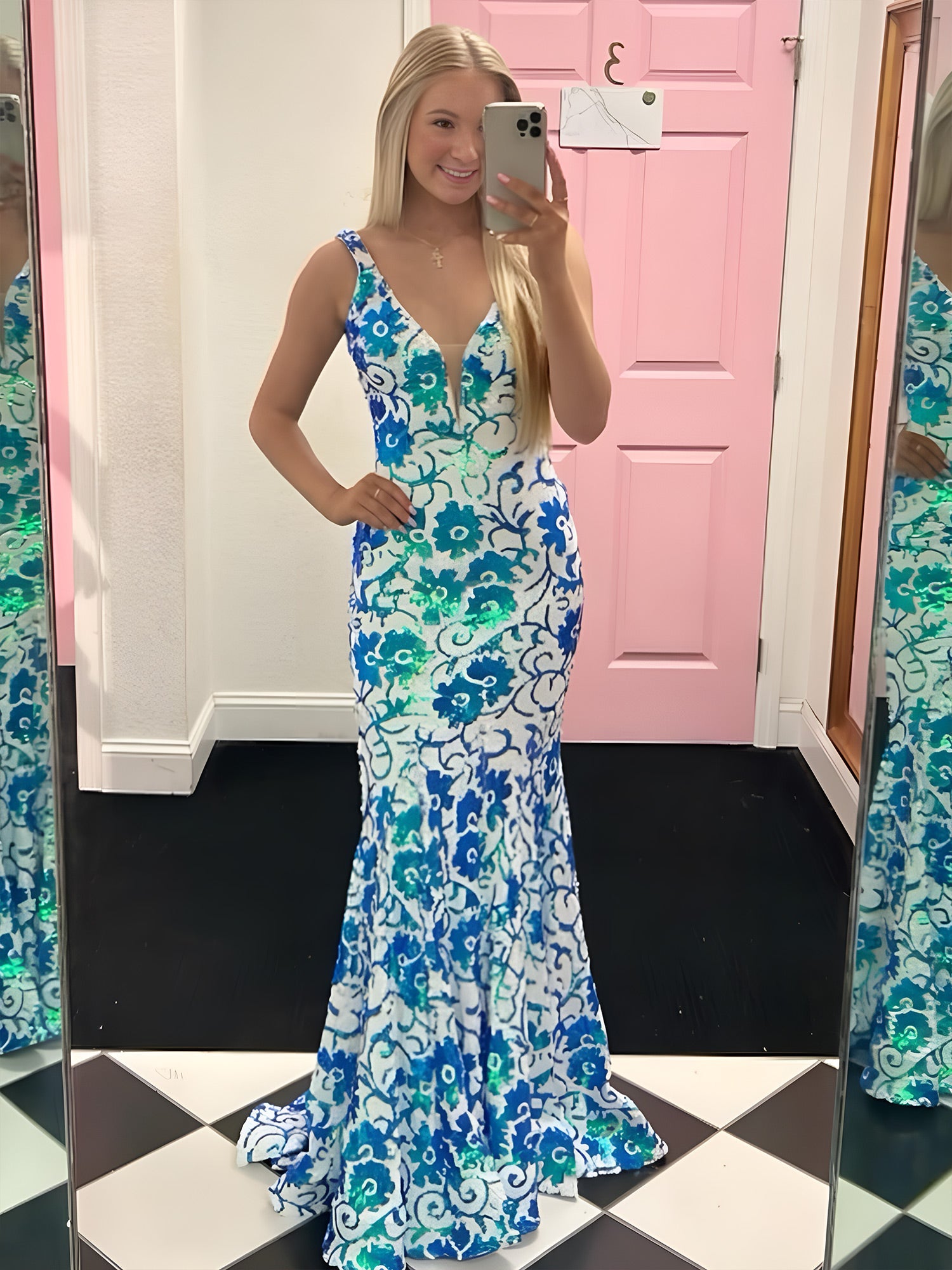 Bailey | Pink V Neck Sequin Lace Mermaid Prom Dress