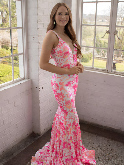 Bailey | Vestido de fiesta de sirena con encaje y lentejuelas en color rosa con escote en V
